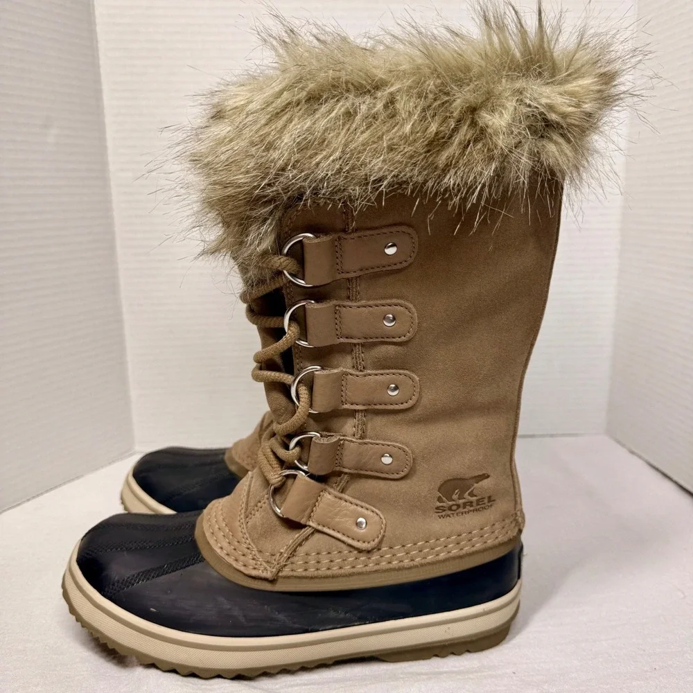 Sorel Joan of Arctic Boots Women 6.5 Waterproof Snow Faux Fur Camel Navy NL3481